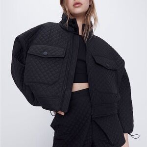 ZARA Black Quilted Cropped Bomber Jacket – Funnel neck/High collar